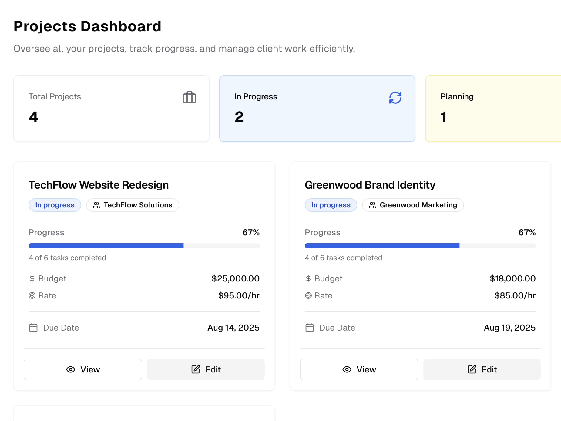 FreelancerOps project management dashboard with task tracking, timeline management, and budget monitoring
