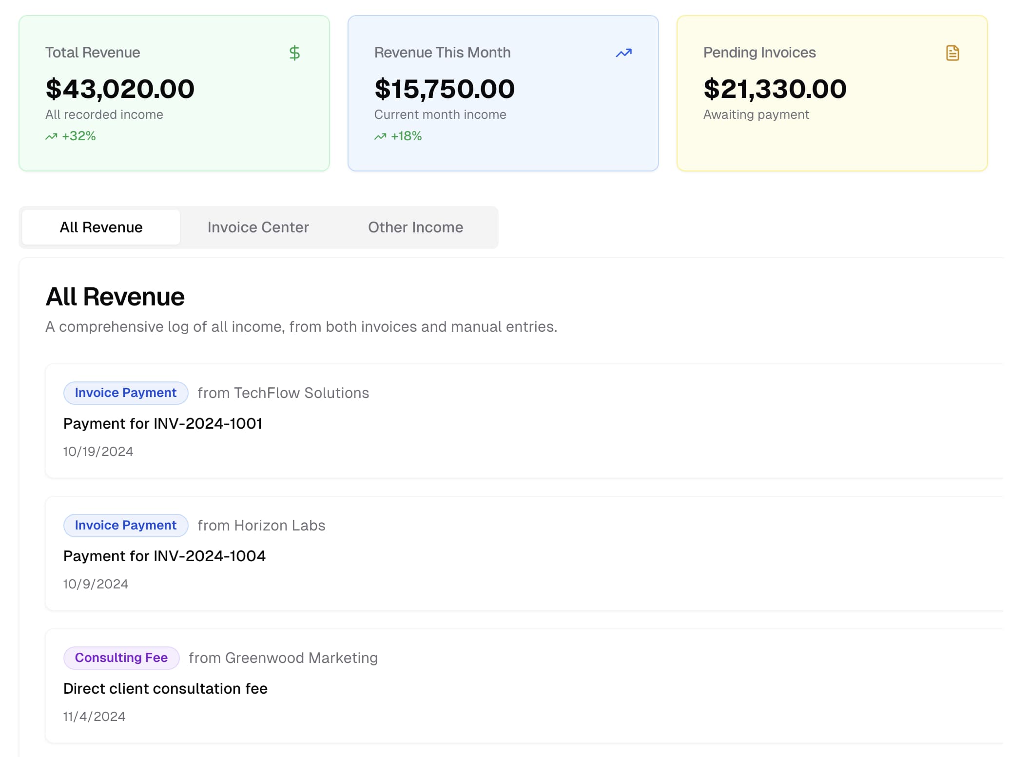 FreelancerOps revenue management dashboard with income tracking and financial analytics