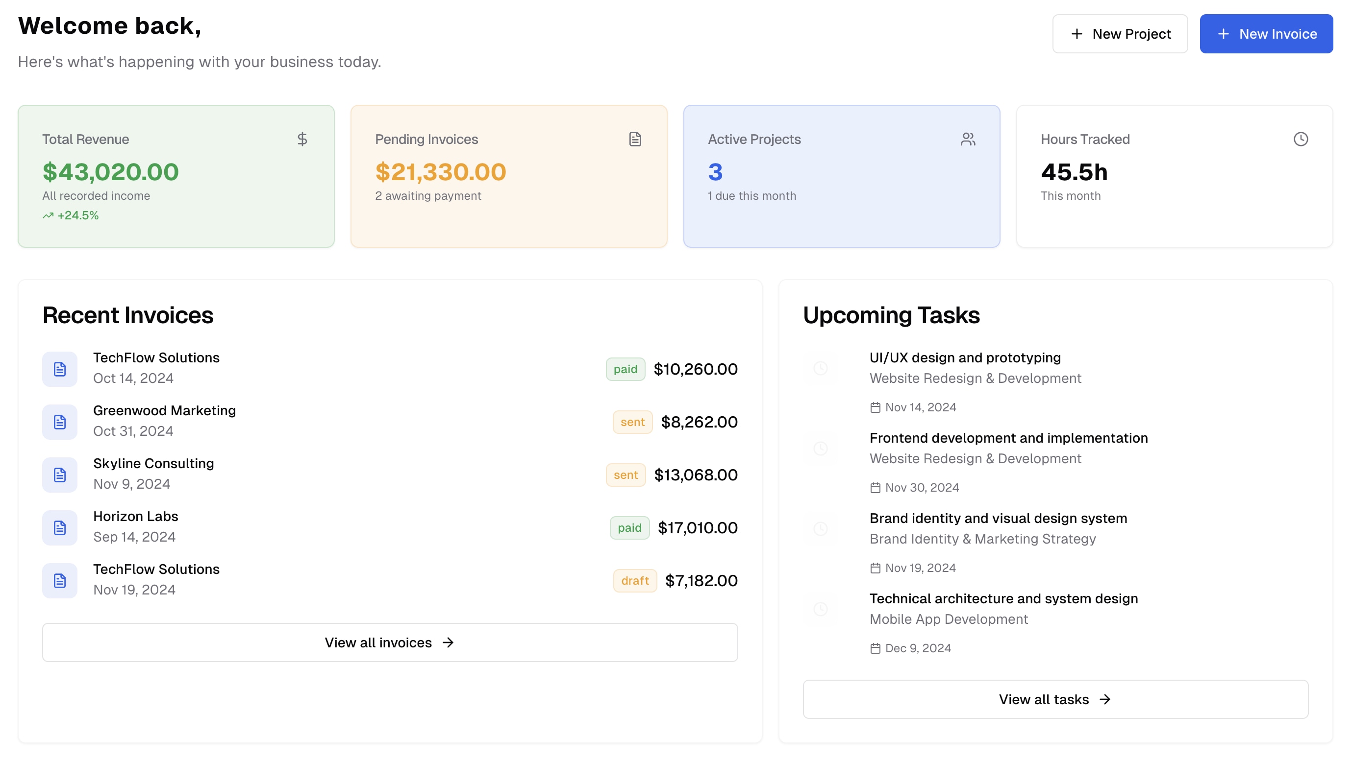 FreelancerOps comprehensive dashboard showing business metrics, project management, invoice tracking, and revenue insights in one unified interface